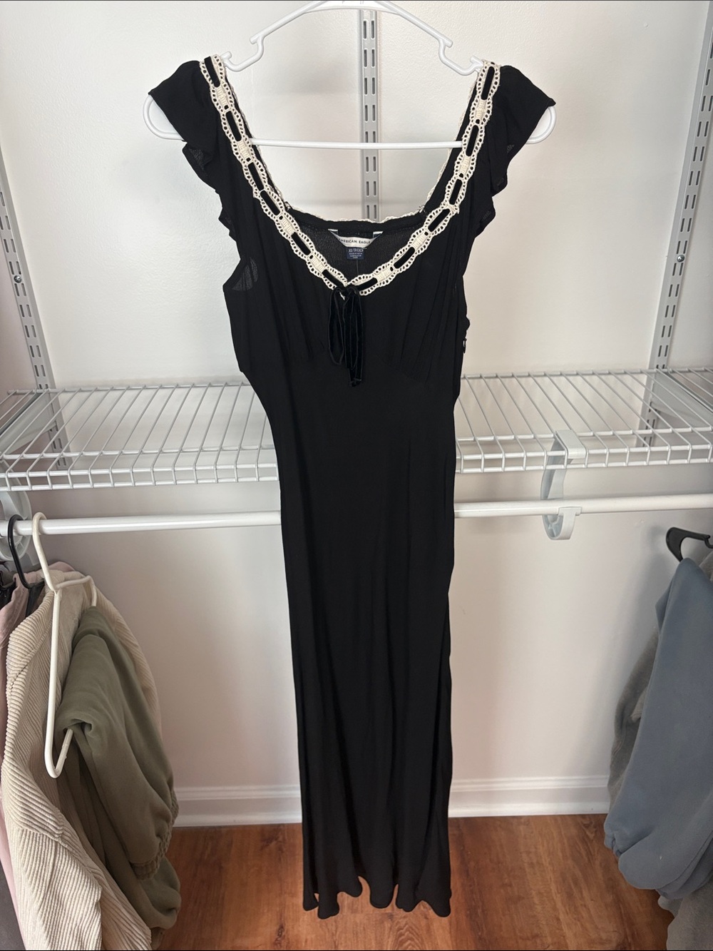 American Eagle Outfitters XS Black Maxi Dress with Cream Crochet Trim